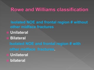 Isolated NOE and frontal region # without
other midface fractures
 Unilateral
 Bilateral
Isolated NOE and frontal region # with
other midface fractures.
 Unilateral
 bilateral
 