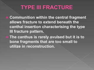  Communition within the central fragment
allows fracture to extend beneath the
canthal insertion characterising the type
III fracture pattern.
 The canthus is rarely avulsed but it is to
bone fragments that are too small to
utilize in reconstruction.
 