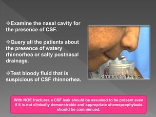 Examine the nasal cavity for
the presence of CSF.
Query all the patients about
the presence of watery
rhinnorhea or salty postnasal
drainage.
Test bloody fluid that is
suspicious of CSF rhinnorhea.
With NOE fractures a CSF leak should be assumed to be present even
if it is not clinically demonstrable and appropriate chemoprophylaxis
should be commenced.
 