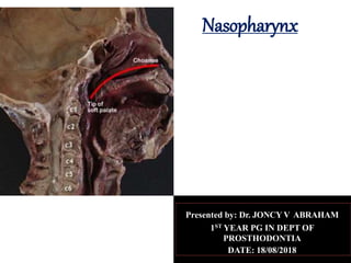 Nasopharynx
Presented by: Dr. JONCY V ABRAHAM
1ST YEAR PG IN DEPT OF
PROSTHODONTIA
DATE: 18/08/2018
 