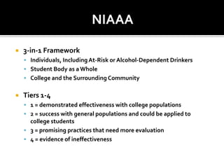 NIAAA

   3-in-1 Framework
     Individuals, Including At-Risk or Alcohol-Dependent Drinkers
     Student Body as a Whole
     College and the Surrounding Community


   Tiers 1-4
     1 = demonstrated effectiveness with college populations
     2 = success with general populations and could be applied to
      college students
     3 = promising practices that need more evaluation
     4 = evidence of ineffectiveness
 