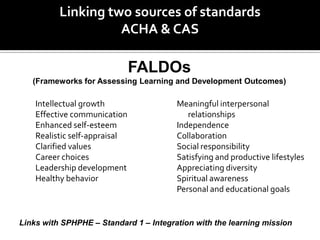 Linking two sources of standards
                    ACHA & CAS

                               FALDOs
   (Frameworks for Assessing Learning and Development Outcomes)

    Intellectual growth                 Meaningful interpersonal
    Effective communication                relationships
    Enhanced self-esteem                Independence
    Realistic self-appraisal            Collaboration
    Clarified values                    Social responsibility
    Career choices                      Satisfying and productive lifestyles
    Leadership development              Appreciating diversity
    Healthy behavior                    Spiritual awareness
                                        Personal and educational goals


Links with SPHPHE – Standard 1 – Integration with the learning mission
 