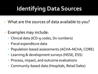 Identifying Data Sources

•   What are the sources of data available to you?

•   Examples may include:
    • Clinical data (ICD-9 codes, Dx numbers)
    • Fiscal expenditure data
    • Population-based assessments (ACHA-NCHA, CORE)
    • Learning & development surveys (NSSE, ESS)
    • Process, impact, and outcome evaluations
    • Community-based data (Hospitals, Retail Sales)
 