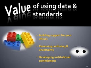 • Building support for your
  efforts

• Removing confusing &
  uncertainty

• Developing institutional
  commitment
                              40
 