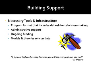 •   Necessary Tools & Infrastructure
    • Program format that includes data-driven decision-making
    • Administrative support
    • Ongoing funding
    • Models & theories rely on data




     "If the only tool you have is a hammer, you will see every problem as a nail.“
                                                                      - A. Maslow
 