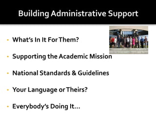 •   What’s In It For Them?

•   Supporting the Academic Mission

•   National Standards & Guidelines

•   Your Language or Theirs?

•   Everybody’s Doing It…
 