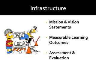 •   Mission & Vision
    Statements

•   Measurable Learning
    Outcomes

•   Assessment &
    Evaluation
 
