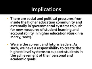 Implications
•   There are social and political pressures from
    inside the higher education community and
    externally in governmental systems to push
    for new measures of student learning and
    accountability in higher education (Guskin &
    Marcy, 2002).
•   We are the current and future leaders. As
    such, we have a responsibility to create the
    highest level systems to support students in
    the achievement of their personal and
    academic goals.
 