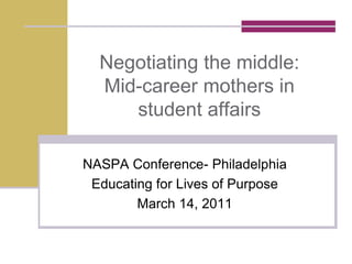 Negotiating the middle:
Mid-career mothers in
student affairs
NASPA Conference- Philadelphia
Educating for Lives of Purpose
March 14, 2011
 