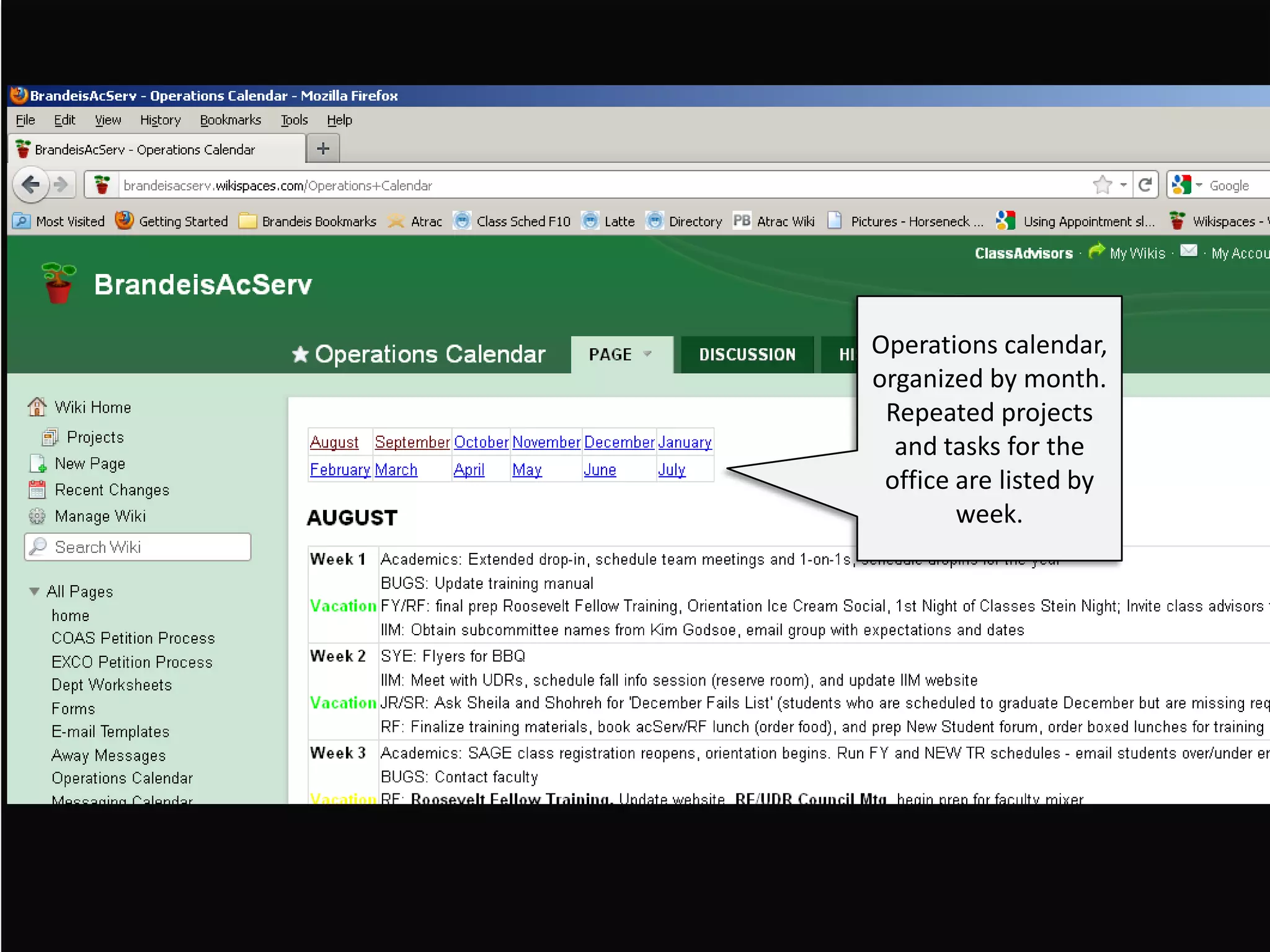 Operations calendar,
organized by month.
 Repeated projects
  and tasks for the
 office are listed by
        week.
 