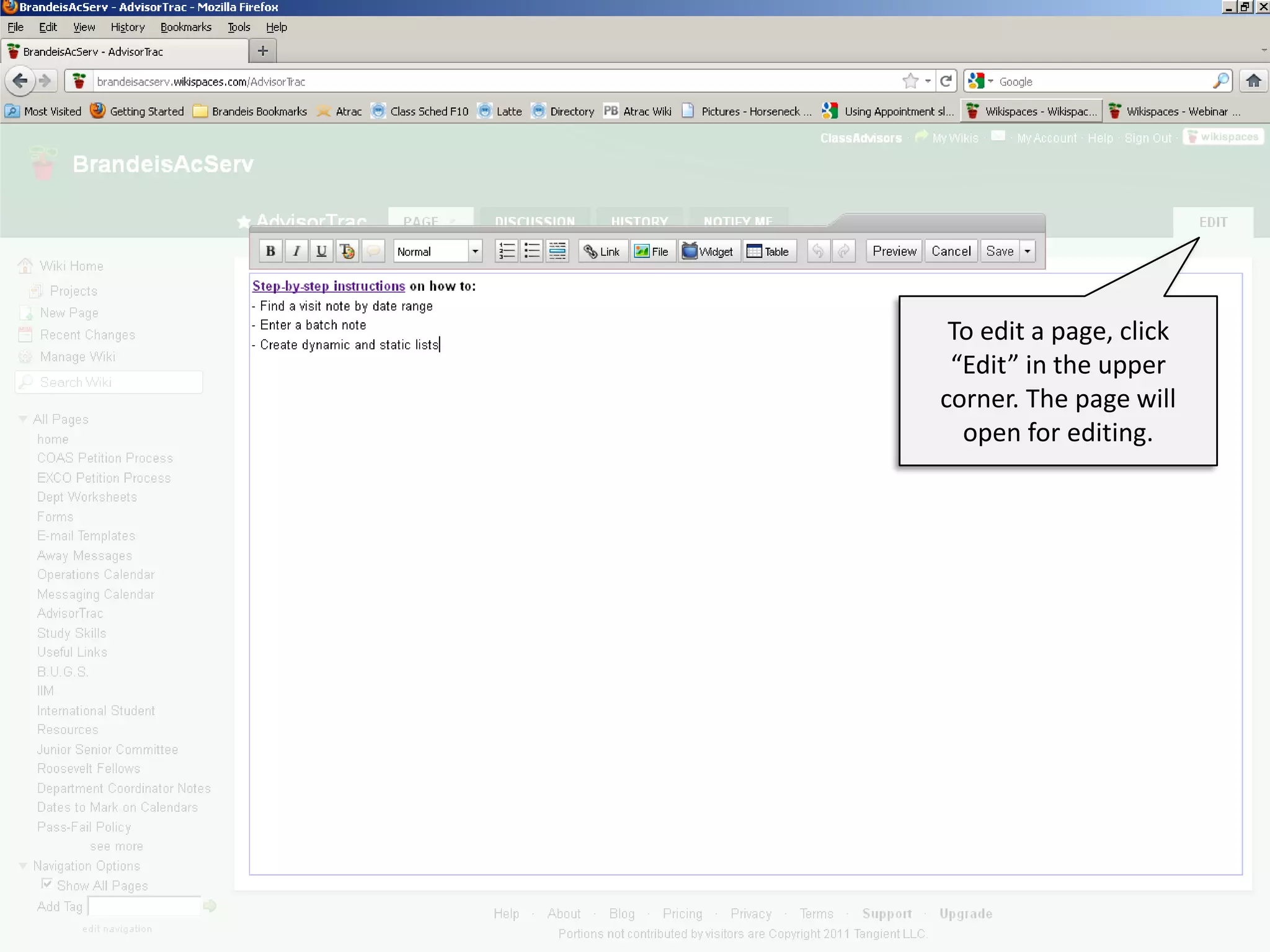 To edit a page, click
 “Edit” in the upper
corner. The page will
  open for editing.
 