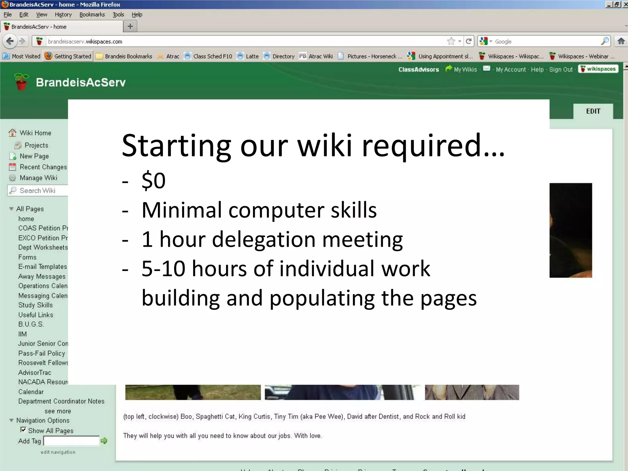 Starting our wiki required…
-   $0
-   Minimal computer skills
-   1 hour delegation meeting
-   5-10 hours of individual work
    building and populating the pages
 