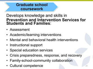 24
Develops knowledge and skills in
Prevention and Intervention Services for
Students and Families:
Graduate school
coursework
• Assessment
• Academic/learning interventions
• Mental and behavioral health interventions
• Instructional support
• Special education services
• Crisis preparedness, response, and recovery
• Family-school-community collaboration
• Cultural competence
 