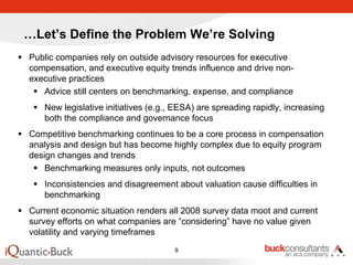 …Let’s Define the Problem We’re Solving
Public companies rely on outside advisory resources for executive
compensation, and executive equity trends influence and drive non-
executive practices
   Advice still centers on benchmarking, expense, and compliance
   New legislative initiatives (e.g., EESA) are spreading rapidly, increasing
   both the compliance and governance focus
Competitive benchmarking continues to be a core process in compensation
analysis and design but has become highly complex due to equity program
design changes and trends
    Benchmarking measures only inputs, not outcomes
   Inconsistencies and disagreement about valuation cause difficulties in
   benchmarking
Current economic situation renders all 2008 survey data moot and current
survey efforts on what companies are “considering” have no value given
volatility and varying timeframes
                                     9
 