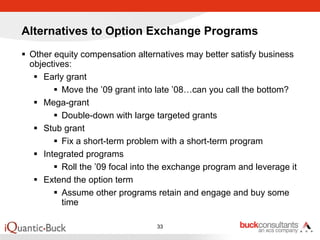 Alternatives to Option Exchange Programs
 Other equity compensation alternatives may better satisfy business
 objectives:
    Early grant
         Move the ’09 grant into late ’08…can you call the bottom?
    Mega-grant
         Double-down with large targeted grants
    Stub grant
         Fix a short-term problem with a short-term program
    Integrated programs
         Roll the ’09 focal into the exchange program and leverage it
    Extend the option term
         Assume other programs retain and engage and buy some
         time

                                 33
 