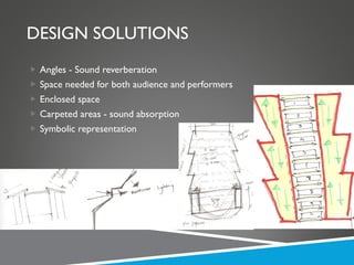 DESIGN SOLUTIONS Angles - Sound reverberation Space needed for both audience and performers  Enclosed space Carpeted areas - sound absorption Symbolic representation 