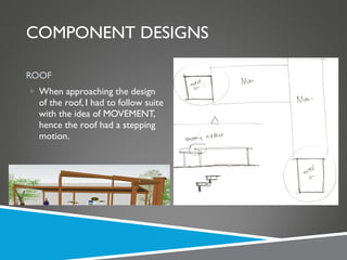 COMPONENT DESIGNS ROOF When approaching the design of the roof, I had to follow suite with the idea of MOVEMENT, hence the roof had a stepping motion. 