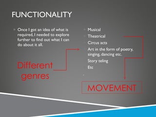 FUNCTIONALITY Once I got an idea of what is required, I needed to explore further to find out what I can do about it all. Musical Theatrical Circus acts Art in the form of poetry, singing, dancing etc. Story teling Etc . Different genres MOVEMENT 