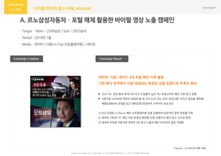 278 디지털 미디어 광고 사례_Internet
Campaign Result
A. 르노삼성자동차–포털 매체 활용한 바이럴 영상 노출 캠페인
· Target : Main - 2549남성 / Sub - 2055남녀
· Period : 2018년 1월
· Media : 네이버 / 다음(m.Top 오토플레이형) / 네이트
Campaign Creative
www.nasmedia.co.kr Copyright ⓒ 2018 NASMEDIA Co., LTD. All Right Reserved
네이버, 다음, 네이트 3대 포털 메인 지면 활용
기존 배너 영역에서 자동 재생되는 동영상 상품 집행으로 주목도 확보
 신규 TVC 영상 홍보 목적으로 타깃 도달률이 높은 빅3 포털사이트 메인 지면 광고 집행
 ‘4륜구동 SUV라면 마땅히 갖춰야 할 세 가지 도리’ 라는 뜻의 ‘삼강사륜’ 시리즈 영상을 제작해
제품(QM6)의 장점을 쉽고 재미있게 전달하여 소비자의 관심 유도
1) 신규 런칭된 m.Daum 메인 오토플레이형 상품 집행하여 성공적인 클릭 반응률 기록
2) 네이버, 네이트 PC 메인 지면 동영상 확장형 상품 진행으로 배너 광고 가시성 증대
3) 네이버 모바일 자동차판 콘텐츠 DA 광고 노출로 메인 타깃과의 접점 극대화
*Source : 나스미디어 내부 자료
 