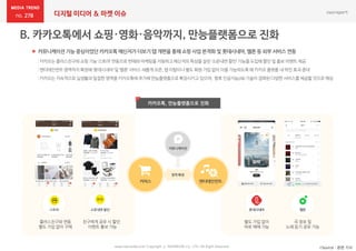 278 디지털 미디어 & 마켓 이슈
스토어 소문내면할인
 커뮤니케이션 기능 중심이었던 카카오톡 메신저가 더보기 탭 개편을 통해 쇼핑 사업 본격화 및 롯데시네마, 멜론 등 외부 서비스 연동
*Source : 관련 기사www.nasmedia.co.kr Copyright ⓒ NASMEDIA Co., LTD. All Right Reserved
:카카오는플러스친구와쇼핑기능‘스토어’ 연동으로판매와마케팅을지원하고메신저의특성을살린‘소문내면할인’기능을도입해할인및홍보이벤트제공
:엔터테인먼트영역까지확장해‘롯데시네마’및 ‘멜론’서비스새롭게오픈,앱이탈이나별도회원 가입없이이용가능하도록해 카카오플랫폼내 락인효과증대
:카카오는지속적으로실생활과밀접한영역을카카오톡에추가해만능플랫폼으로확장시키고있으며, 향후인공지능(AI)기술이접목된다양한서비스를제공할것으로예상
카카오톡, 만능플랫폼으로 진화
커뮤니케이션
롯데시네마
별도 가입 없이
바로 예매 가능
멜론
곡 정보 및
노래 듣기 공유 가능
친구에게 공유 시 할인
이벤트 홍보 가능
엔터테인먼트커머스
영역 확장
플러스친구와 연동
별도 가입 없이 구매
 