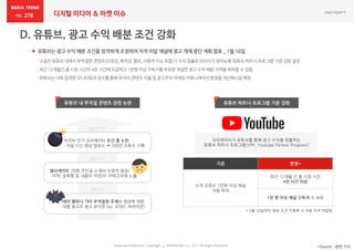 278 디지털 미디어 & 마켓 이슈
기존 변경*
누적 조회수 1만회 이상 채널
자동 부여
최근 12개월 간 총 시청 시간
4천 시간 이상
1천 명 이상 채널 구독자 수 보유
*Source : 관련 기사www.nasmedia.co.kr Copyright ⓒ NASMEDIA Co., LTD. All Right Reserved
 유튜브는 광고 수익 배분 조건을 엄격하게 조정하여 자격 미달 채널에 광고 게재 중단 계획 발표 _ 1월 16일
:구글은유튜브내에서부적절한콘텐츠(선정성,폭력성,혐오,사회적이슈포함)가수익창출로이어지지못하도록‘유튜브파트너프로그램’기준강화결정
:최근12개월간 총시청시간이4천 시간에도달하고1천명 이상구독자를보유한채널만광고수익배분자격을취득할수 있음
:유튜브는더욱엄격한모니터링과검수를통해유저의콘텐츠이용및 광고주의마케팅커뮤니케이션환경을개선해나갈예정
유튜브 내 부적절 콘텐츠 관련 논란 유튜브 파트너 프로그램 기준 강화
미국의 인기 크리에이터 로건 폴 논란
: 자살 시신 영상 업로드 100만 조회수 기록
크리에이터가 유튜브를 통해 광고 수익을 창출하는
‘유튜브 파트너 프로그램(YPP, Youtube Partner Program)’
엘사게이트 (만화 주인공 소재의 선정적 영상)
: 마약, 성폭행 등 내용이 ‘어린이’ 카테고리에 노출
테러 행위나 기타 부적절한 주제의 영상에 대한
대형 광고주 광고 보이콧 (ex. AT&T, 버라이즌)
2017,12
2017,11
2017,3
* 2월 20일부터 해당 조건 미충족 시 자동 자격 박탈됨
 