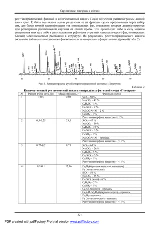 Строительные материалы и изделия
321
рентгенографический фазовый и количественный анализ. После получения рентгенограммы данной
смеси (рис. 1) была поставлена задача разделения ее на фракции сухим просеиванием через набор
сит, для более точной идентификации тех минеральных фаз, отражения которых диагностируются
при регистрации рентгеновской картины от общей пробы. Это происходит либо в силу низкого
содержания этих фаз, либо в силу наложения рефлексов от разных кристаллических фаз, но имеющих
близкие межплоскостные расстояния в структуре. По результатам рентгенографического анализа
составлена таблица количественного фазового анализа минеральных фаз различных фракций (табл. 2).
2-Theta - Scale
20 30 40 50 60
4.257
3.873
3.650
3.5333.497
3.034
2.968
2.777
2.747
2.688
2.645
2.609
2.457
2.366
2.3242.320
2.281
2.237
2.1842.169
2.128
2.104
1.980
1.8181.813
1.764
1.6721.6681.659
1.647
1.6281.626
1.5411.538
1.4921.487
1.453
Рис. 1. Рентгенограмма сухой гидроизоляционной системы «Пенетрон»
Таблица 2
Количественный рентгеновский анализ минеральных фаз сухой смеси «Пенетрон»
№ Размер ячеек сита, мм Масса фракции, г Фазовый состав
SiO2 – 50 %
Na2CO3 – 42 %
C6H8O7 – 3 %
Ca3SiO5 – 2 %
Na2CO3*H2O – 2 %
CaSO4 – 1 %
1 > 0,5 2,05
Рентгеноаморфное вещество < 1 %
SiO2 – 47 %
Na2CO3 – 39 %
C6H8O7 – 10 %
Ca3SiO5 – 3 %
CaSO4 – 1 %
Na2CO3*H2O – примесь
2 0,5-0,25 23,5
Рентгеноаморфное вещество – < 1 %
SiO2 – 63 %
Na2CO3 – 26 %
C6H8O7 – 5 %
Ca3SiO5 – 5 %
CaSO4 – 1 %
3 0,25-0,2 8,75
Рентгеноаморфное вещество – < 1 %
Fe3O4 (фракция выделена магнитом)
Fe (металлическое)
SiO2 – 56 %
Na2CO3 – 35 %
Ca3SiO5 (алит) – 6 %
C6H8O7 – 2 %
CaSO4 – 1 %
Ca2SiO4(белит) – примесь
Ca2(Al,Fe)2O5 (браунмиллерит) – примесь
Fe3O4 – примесь
Fe (металлическое) – примесь
4 0,2-0,1 12,86
Рентгеноаморфное вещество – < 1 %
PDF created with pdfFactory Pro trial version www.pdffactory.com
 