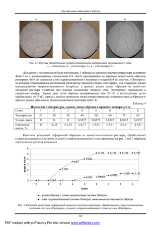Строительные материалы и изделия
323
а б в
Рис. 2. Образцы, обработанные гидроизоляционными материалами проникающего типа:
а – «Пенетрон», б – «Антигидрон 1», в – «Антигидрон 3»
Для данного эксперимента были изготовлены 3 образца из цементно-песчаного раствора размерами
4х4х16 см с водоцементным отношением 0,4. После пропаривания на верхнюю поверхность образцов
размерами 4х16 см наносился слой гидроизоляционного материала толщиной 4 мм системы «Пенетрон»,
на который устанавливался автономный регистратор процесса усадки «Автограф», для измерения усадки
непосредственно гидроизоляционного материала, а процесс усадки самих образцов из цементно-
песчаного раствора измерялся при помощи индикатора часового типа. Эксперимент проводился в
сушильном шкафу. Первые двое суток образцы выдерживались при 20 єС, а последующие сутки
прибавлялось по 10 єС, наряду с данным процессом также контролировалось изменение массы образцов и
процесс усадки образцов из цементно-песчаного раствора (табл. 4).
Таблица 4
Изменение температуры, усадки, массы образца в процессе эксперимента
Сутки 1 2 3 4 5 6 7 8
Температура 20 20 30 40 50 60 70 80
Усадка, мм/м 0 0 0 0,1075 0,6875 0,8125 1,0625 1,4375
Изменение
массы, %
0 -6,25 -11,93 -14,77 -15,91 -15,91 -15,91 -15,91
Кинетика усадочных деформаций образцов из цементно-песчаного раствора, обработанных
гидроизоляционным составом, и самого гидроизоляционного слоя приведена на рис. 3 (из 3 образцов
определялась средняя величина).
0 0 0 0
0,562 0,6875
0,9375
1,3125 1,3125
0 0,007
2,085
3,51
4,043
5,157 5,157 5,157 5,157
0
1
2
3
4
5
6
1 2 3 4 5 6 7 8 9
сутки
усадкамм/м
усадка образца с слоем гидроизоляции системы Пенетрон
слой гидроизоляционной системы Пенетрон, нанесенный на поверхность образца
Рис. 3. Кинетика усадочных деформаций цементно-песчаного раствора, обработанного гидроизоляционным
составом системы «Пенетрон», и самого гидроизоляционного слоя системы «Пенетрон»
PDF created with pdfFactory Pro trial version www.pdffactory.com
 