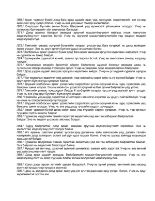 /369./ Архаг үрэвсэл бүхий дээд бага араа шүдийг авах үед, ганхуулах хөдөлгөөнийг хэт хүчээр
хийснээс эрүү хугарч болно. Учир нь энэ үед амыг томоор ангайлгадаг.
/370./ Сиалозын бүлгийн өвчин болох Шегрений үед нулимсгүй уйлахшинж илэрдэг. Учир нь
нулимсны булчирхайн үйл ажиллагаа багасдаг.
/371./ Доод арааны ёзоорыг авахдаа эрүүний мэдээгүйжүүлэлт хийгээд нэмж нэвчүүлэх
мэдээгүйжүүлэлт хэрэглэх ёстой. Учир нь эрүүний мэдээгүйжүүлэлтийн үед хацрын мэдрэл
мэдээгүйждэггүй.
/372./ Гэмтлийн улмаас эрүүний булангийн хугарал үүссэн үед бага хугархай нь дээш өргөгдөж
зөрөө үүсдэг. Энэ нь эрүү өргөгч булчингуудын агшилтаас болно.
/373./ Холбоосын архаг үрэвсэлбүхий доод бага арааг авахдаа эргүүлэх хөдөлгөөн хийдэггүй. Учир
нь сурвалж нь тахир байдаг.
/374./ Булчирхайн сүрьеэтэй хүнийг, заавал тусгаарлах ёстой. Учир нь амьсгалын замаар халдвар
тархдаг.
/375./ Хоншоорын хөндийн ёроолтой ойрхон байрласан шүдний ёзоорыг авахдаа цааш нь
түлхсэнээс ёзоор хөндийд түлхэгдэн ордог. Учир нь ухархайн доод мэдрэл ойрхон байрладаг.
/376./ Доод үүдэн шүдийг авахдаа эргүүлэх хөдөлгөөн хийдэг. Учир нь уг шүдний сурвалж шулуун
байдаг.
/377./ Үйл хямралын өвдөлтөт хам шинжийн үед новокайны хориг хийх нь үр дүнтэй байдаг. Учир нь
эрүү өргөгч булчингууд сулардаг байна.
/378./ Шүдний холбоосын архаг үрэвслийн сэдрэлтээс үүссэн эрүүний ясны хурц үрэвслийн үед
Венсаны шинж илэрнэ. Энэ нь ихэвчлэн үрэвсэл эрүүний их бие орчим байрласан үед үүснэ.
/379./ Гэмтлийн улмаас хоншоорын Лефор II хэлбэрийн хугарал үүссэн үед заалхай зуулт үүсдэг.
Учир нь энэ үед эрүү буулгагч булчингууд агшдаг.
/380./ Номагийн үед өндөр даралттай хүчилтөрөгч эмчилгээ хэрэглэх нь үр дүн сайтай байдаг. Учир
нь нома нь стафилококкоор үүсгэгддэг.
/381./ Шүдний холбоосын архаг үрэвслийн сэдрэлтээс үүссэн эрүүний ясны хурц үрэвслийн үед
Венсаны шинж илэрдэг. Учир нь энэ үед доод түүшийн мэдрэл цочирддог.
/382./ Архаг үрэвсэл бүхий дээд соёог авах үед түүшийн сэртэн хугардаг. Учир нь тэр орчмын
түүшийн сэртэн нимгэн байдаг.
/383./ Гурамсан мэдрэлийн төвийн гаралтай өвдөлтийн үед өвчтөн албадмал байрлалтай
байдаг. Энэ нь өвдөлт үүсэхээс айснаас болдог.
/384./ Буруу байрлалтай доод арааг авахдаа эрүүний мэдээгүйжүүлэлт хэрэглэнэ. Энэ нь
хангалттай мэдээгүйжүүлэлт болдог байна.
/385./ Агт арааны саатлын улмаас үүссэн эрүү далавчны зайн нэвчээсийн үед, далавч тагнай-
чамархайн доод хонхорын эслэгт зай руу идээ тархаж болно. Учир нь эдгээр зайнууд хоорондоо
харьцаатай байдаг.
/386./ Гурамсан мэдрэлийн төвийн гаралтай өвдөлтийн үед өвчтөн албадмал байрлалтай байдаг.
Энэ байрлал нь өвдөлтийг багасгадаг байна.
/387./ Мундастай өвчтөнд, шээсний ерөнхий шинжилгээ заавал хийх хэрэгтэй. Учир нь энэ өвчний
үед шээсэнд өөрчлөлт гардаг.
/388./ Доод араа шүдийг авахдаа, Вейсбремийн мэдээгүйжүүлэлтийг хэрэглэнэ. Учир нь энэ
мэдээгүйжүүлэлт нь доод түүшийн болон хэлний мэдрэлийг мэдээгүйжүүлнэ.
/389./ Уруул дээр гарсан хатигийг шахаж болдоггүй. Учир нь үүний улмаас өвчтөний амь насанд
аюултай хүндрэлээр хүндрэх аюултай.
/390./ Цөгц нь эвдэрсэн доод арааг авах үед,хэт хүчтэй дарснаас эрүү хугарч болно. Учир нь эрүү
хөдөлгөөнтэй эрхтэн юм.
 