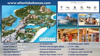 www.atlantisbahamas.com
- Beach Tower > Value
- Coral Towers > Moderate
- Royal Towers > Deluxe
- The Reef Atlantis > Residential Luxury
- The Cove Atlantis > Luxury
- 21 restaurants
- 19 bars and lounges, disco
- Casino & Entertainment
- Shopping Galleria
- Kids & Teen Clubs 1 to 17
- 18 thrilling water slides
- 2 river rides
- 11 different pools
- 14 lagoons with marine life
- 3 white sand beaches
 