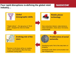 Four rapid disruptions re-defining the global retail
industry…
“Digital natives” – the age group of 18-24
years - shopped the most via mobile
phones
Global
demographic shifts
Mobile phone
technology
How consumers interact, make decisions,
check information, check stock, find stores,
communicate
Proliferation of social
networks
Developing world: Part of the daily fabric of
shopping
Developed world: More communication tool
than shopping tool
Evolving role of the
store
Premium in the future will be on creating
unique, brand-defining offers that keep
customers coming back
 