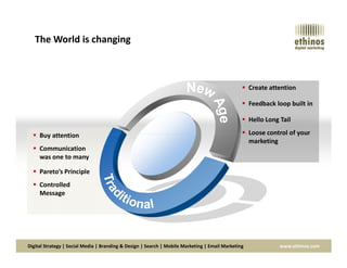 The World is changing
Buy attention
Create attention
Feedback loop built in
Hello Long Tail
Loose control of your
Digital Strategy | Social Media | Branding & Design | Search | Mobile Marketing | Email Marketing www.ethinos.com
Buy attention
Communication
was one to many
Pareto’s Principle
Controlled
Message
Loose control of your
marketing
 