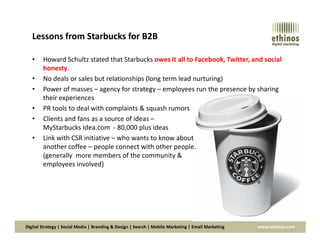 Lessons from Starbucks for B2B
• Howard Schultz stated that Starbucks owes it all to Facebook, Twitter, and social
honesty.
• No deals or sales but relationships (long term lead nurturing)
• Power of masses – agency for strategy – employees run the presence by sharing
their experiences
• PR tools to deal with complaints & squash rumors
• Clients and fans as a source of ideas –
MyStarbucks Idea.com - 80,000 plus ideas
Digital Strategy | Social Media | Branding & Design | Search | Mobile Marketing | Email Marketing www.ethinos.com
MyStarbucks Idea.com - 80,000 plus ideas
• Link with CSR initiative – who wants to know about
another coffee – people connect with other people.
(generally more members of the community &
employees involved)
 