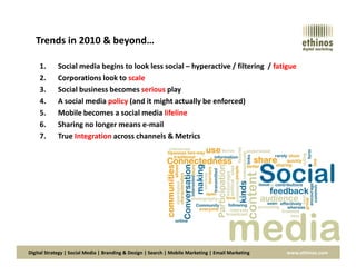 Trends in 2010 & beyond…
1. Social media begins to look less social – hyperactive / filtering / fatigue
2. Corporations look to scale
3. Social business becomes serious play
4. A social media policy (and it might actually be enforced)
5. Mobile becomes a social media lifeline
6. Sharing no longer means e-mail
7. True Integration across channels & Metrics
Digital Strategy | Social Media | Branding & Design | Search | Mobile Marketing | Email Marketing www.ethinos.com
7. True Integration across channels & Metrics
 