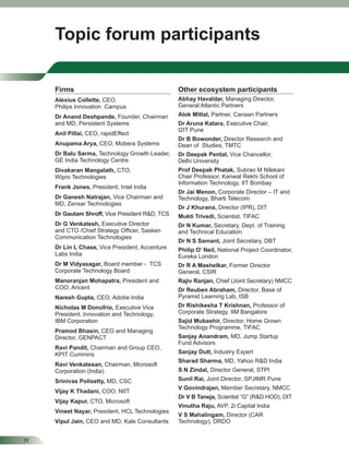 28
Firms
Alexius Collette, CEO,
Philips Innovation Campus
Dr Anand Deshpande, Founder, Chairman
and MD, Persistent Systems
Anil Pillai, CEO, rapidEffect
Anupama Arya, CEO, Mobera Systems
Dr Balu Sarma, Technology Growth Leader,
GE India Technology Centre
Divakaran Mangalath, CTO,
Wipro Technologies
Frank Jones, President, Intel India
Dr Ganesh Natrajan, Vice Chairman and
MD, Zensar Technologies
Dr Gautam Shroff, Vice President R&D, TCS
Dr G Venkatesh, Executive Director
and CTO /Chief Strategy Ofﬁcer, Sasken
Communication Technologies
Dr Lin L Chase, Vice President, Accenture
Labs India
Dr M Vidyasagar, Board member - TCS
Corporate Technology Board
Manoranjan Mohapatra, President and
COO, Aricent
Naresh Gupta, CEO, Adobe India
Nicholas M Donofrio, Executive Vice
President, Innovation and Technology,
IBM Corporation
Pramod Bhasin, CEO and Managing
Director, GENPACT
Ravi Pandit, Chairman and Group CEO,
KPIT Cummins
Ravi Venkatesan, Chairman, Microsoft
Corporation (India)
Srinivas Polisetty, MD, CSC
Vijay K Thadani, COO, NIIT
Vijay Kapur, CTO, Microsoft
Vineet Nayar, President, HCL Technologies
Vipul Jain, CEO and MD, Kale Consultants
Other ecosystem participants
Abhay Havaldar, Managing Director,
General Atlantic Partners
Alok Mittal, Partner, Canaan Partners
Dr Aruna Katara, Executive Chair,
I2IT Pune
Dr B Bowonder, Director Research and
Dean of Studies, TMTC
Dr Deepak Pental, Vice Chancellor,
Delhi University
Prof Deepak Phatak, Subrao M Nilekani
Chair Professor, Kanwal Rekhi School of
Information Technology, IIT Bombay
Dr Jai Menon, Corporate Director – IT and
Technology, Bharti Telecom
Dr J Khurana, Director (IPR), DIT
Mukti Trivedi, Scientist, TIFAC
Dr N Kumar, Secretary, Dept. of Training
and Technical Education
Dr N S Samant, Joint Secretary, DBT
Philip O’ Neil, National Project Coordinator,
Eureka London
Dr R A Mashelkar, Former Director
General, CSIR
Rajiv Ranjan, Chief (Joint Secretary) NMCC
Dr Reuben Abraham, Director, Base of
Pyramid Learning Lab, ISB
Dr Rishikesha T Krishnan, Professor of
Corporate Strategy, IIM Bangalore
Sajid Mubashir, Director, Home Grown
Technology Programme, TIFAC
Sanjay Anandram, MD, Jump Startup
Fund Advisors
Sanjay Dutt, Industry Expert
Sharad Sharma, MD, Yahoo R&D India
S N Zindal, Director General, STPI
Sunil Rai, Joint Director, SPJIMR Pune
V Govindrajan, Member Secretary, NMCC
Dr V B Taneja, Scientist “G” (R&D HOD), DIT
Vinutha Raju, AVP, 2i Capital India
V S Mahalingam, Director (CAR
Technology), DRDO
Topic forum participants
 