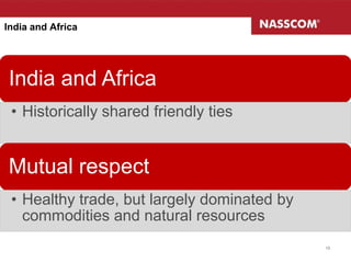India and Africa




India and Africa
 • Historically shared friendly ties


Mutual respect
 • Healthy trade, but largely dominated by
   commodities and natural resources
                                             13
 