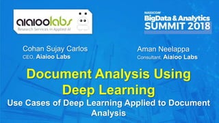 8
Cohan Sujay Carlos
CEO, Aiaioo Labs
Document Analysis Using
Deep Learning
Use Cases of Deep Learning Applied to Document
Analysis
Aman Neelappa
Consultant, Aiaioo Labs
 