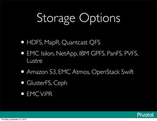 Storage Options
•HDFS, MapR, Quantcast QFS
•EMC Isilon, NetApp, IBM GPFS, PanFS, PVFS,
Lustre
•Amazon S3, EMC Atmos, OpenS...
