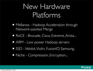 New Hardware
Platforms
•Mellanox - Hadoop Acceleration through
Network-assisted Merge
•RoCE - Brocade, Cisco, Extreme,Aris...