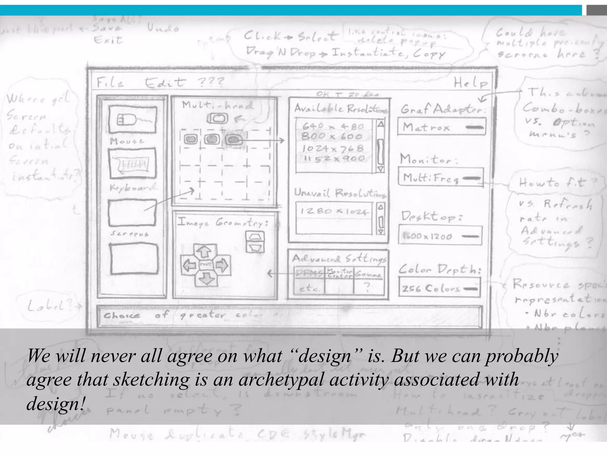 We will never all agree on what “design” is. But we can probably
agree that sketching is an archetypal activity associated with
design!
 