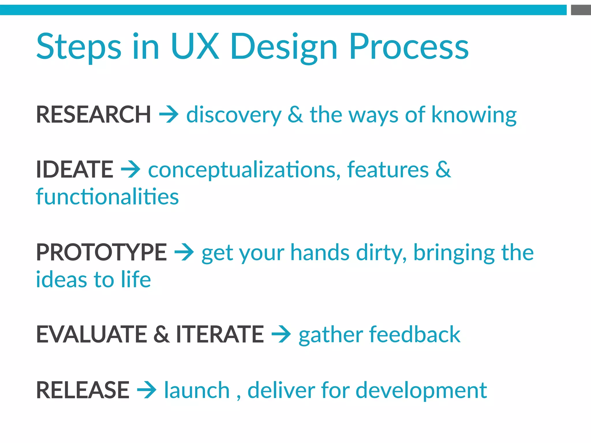 RESEARCH  à  discovery    the  ways  of  knowing

IDEATE  à  conceptualizaBons,  features    
funcBonaliBes

PROTOTYPE  à  get  your  hands  dirty,  bringing  the  
ideas  to  life

EVALUATE    ITERATE  à  gather  feedback

RELEASE  à  launch  ,  deliver  for  development
Steps  in  UX  Design  Process  
 