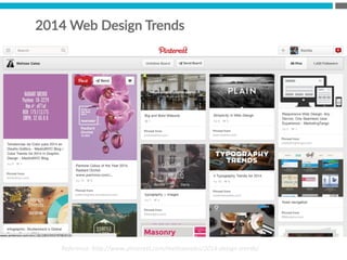 2014  Web  Design  Trends
Reference:	
  h*p://www.pinterest.com/melissacales/2014-­‐design-­‐trends/	
  
 