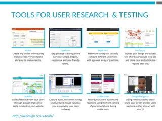 TOOLS  FOR  USER  RESEARCH      TESTING  
h*p://uxdesign.cc/ux-­‐tools/	
  
 