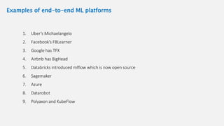 Examples of end-to-end ML platforms
1. Uber’s Michaelangelo
2. Facebook’s FBLearner
3. Google has TFX
4. Airbnb has BigHead
5. Databricks introduced mlflow which is now open source
6. Sagemaker
7. Azure
8. Datarobot
9. Polyaxon and KubeFlow
 