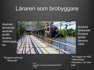 Läraren som brobyggare 
Konkret 
tänkande/ 
Konkret 
språk/ 
elevens 
värld 
”Att hugga ner träd” 
”Jättemånga 
människor var utan 
mat” 
Abstrakt 
tänkande/ 
abstrakt 
språk/ 
textens 
värld/uppgif 
ten 
”Skogsavverkning” 
”Massvält” 
Foto: 
www.flickr.com/photos/alicebartlett/25807 
17395 
 