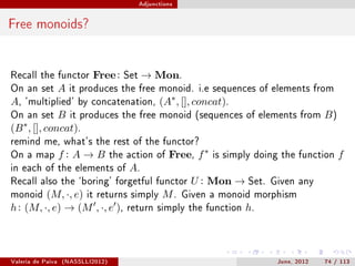 Adjunctions




Free monoids?


Recall the functor          Free :    Set   → Mon.
On an set          A   it produces the free monoid. i.e sequences of elements from
A,   'multiplied' by concatenation,               (A∗ , [], concat).
On an set B it produces              the free monoid (sequences of elements from            B)
(B ∗ , [], concat).
remind me, what's the rest of the functor?
On a map           f: A→B          the action of     Free, f ∗   is simply doing the function    f
in each of the elements of             A.
Recall also the `boring' forgetful functor  U : Mon → Set. Given any
monoid   (M, ·, e) it returns simply M . Given a monoid morphism
h : (M, ·, e) → (M , ·, e ), return simply the function h.



Valeria de Paiva   (NASSLLI2012)                                               June, 2012   74 / 113
 
