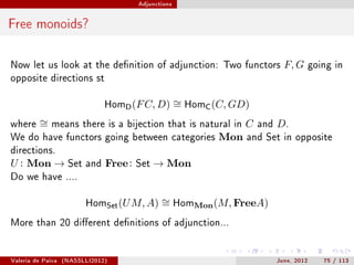 Adjunctions




Free monoids?

Now let us look at the denition of adjunction: Two functors                    F, G   going in
opposite directions st


                               HomD (F C, D)          ∼ HomC (C, GD)
                                                      =
where    ∼
         =    means there is a bijection that is natural in         C   and   D.
We do have functors going between categories                  Mon   and Set in opposite
directions.
U : Mon → Set            and   Free :   Set   → Mon
Do we have ....


                         HomSet (U M, A)       ∼ HomMon (M, FreeA)
                                               =
More than 20 dierent denitions of adjunction...




Valeria de Paiva   (NASSLLI2012)                                              June, 2012   75 / 113
 