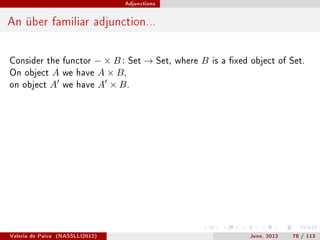 Adjunctions




An über familiar adjunction...

Consider the functor          − × B : Set → Set,   where   B   is a xed object of Set.
On object      A     we   have A × B ,
on object      A     we   have A × B .




Valeria de Paiva   (NASSLLI2012)                                        June, 2012   78 / 113
 