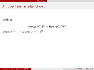 Adjunctions




An über familiar adjunction...


Look at:


                               HomD (F C, D)         ∼ HomC (C, GD)
                                                     =
where    F =−×B             and    G = (−)B




Valeria de Paiva   (NASSLLI2012)                                      June, 2012   79 / 113
 