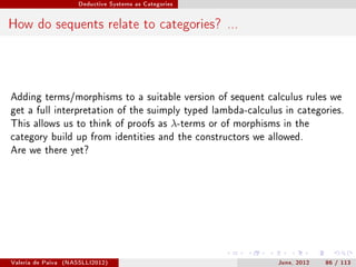 Deductive Systems as Categories




How do sequents relate to categories? ...



Adding terms/morphisms to a suitable version of sequent calculus rules we
get a full interpretation of the suimply typed lambda-calculus in categories.
This allows us to think of proofs as                 λ-terms   or of morphisms in the
category build up from identities and the constructors we allowed.
Are we there yet?




Valeria de Paiva   (NASSLLI2012)                                              June, 2012   86 / 113
 