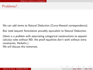 Deductive Systems as Categories




Problems?..




We can add terms to Natural Deduction (Curry-Howard correspondence).

But need sequent formulation provably equivalent to Natural Deduction.

(there is a problem with associating categorical constructions to sequent
calculus rules without ND, the proof equalities don't work without extra
constraints, Herbelin.)
We will discuss this tomorrow.




Valeria de Paiva   (NASSLLI2012)                            June, 2012   89 / 113
 
